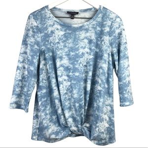 Luxology Blue White Tie Dye Twist Front Pullover Crewneck Top Women Sz M